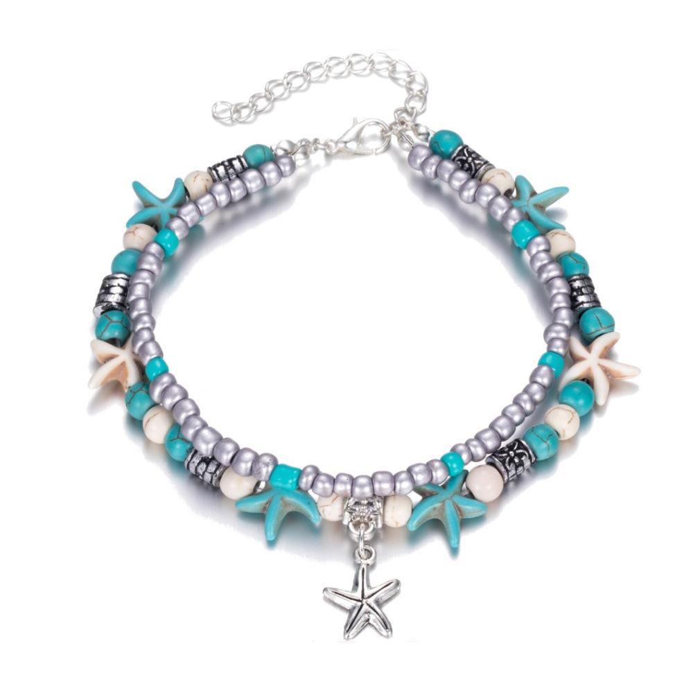 Vintage Turquoise Starfish Turtle Foot Ornaments Beach Layer Beaded Hollow Double Anklet for women Valentine's Day Gift