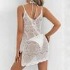 Women Summer Casual Loose Beach Cover Up Dress Hollow Knit Split Hem Sleeveless Crochet Swimwear Cover Up Dress for Beach Pool