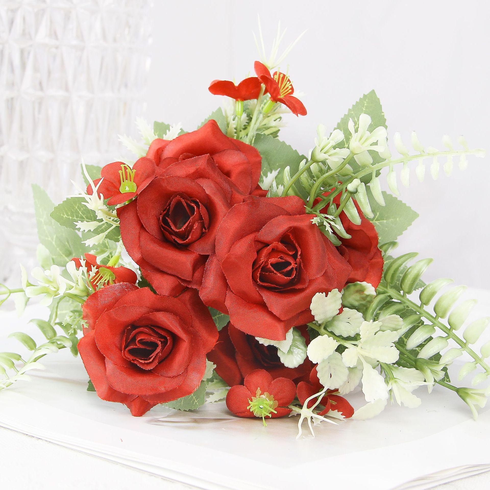 Artificial Red Rose Bouquet, Fake Silk Roses with Greenery for Home Wedding Party Decor бордовый