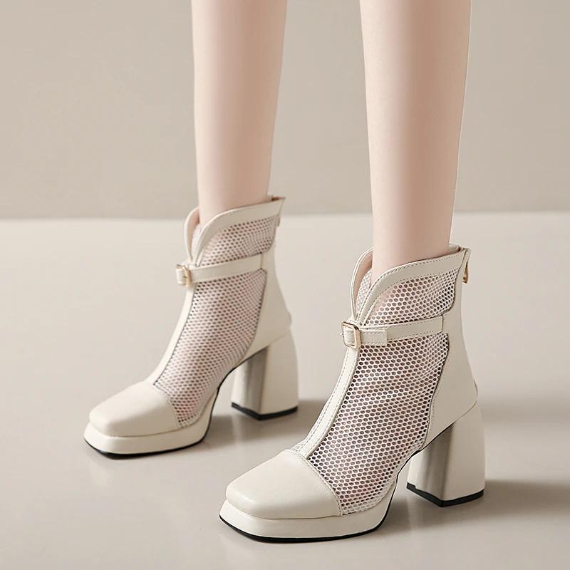 2025 Mesh Women's Boots Breathable Square Toe Back Zip Chunky Heels Ankle Sandals Boots Elegant Buckle Modern Boots