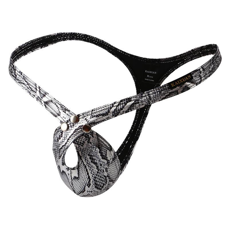 Snake-print Men PU Faux Leather Underpants Thong G String Sexy Underwear Lingerie Panties Low Waist Penis Pouch T-back Hombre