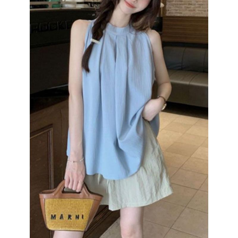 Women's New Summer Style Light Blue Halterneck Off-shoulder Sleeveless Vest Loose Casual Top