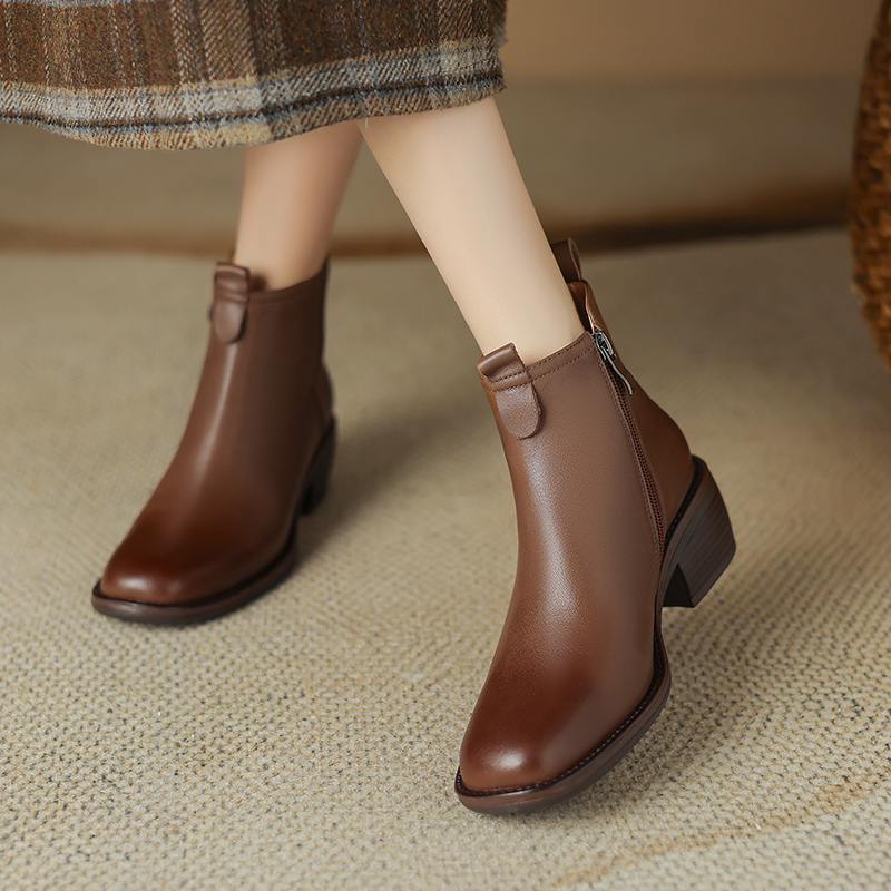 Krazing Pot Cow Skin Winter Square Toe Thick Heels Chelsea Fashion Boots Women Slip on Women Ankle Boots