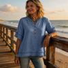 Women's Color V Neck Short Sleeve Shirt Casual Cotton Linen Blouse