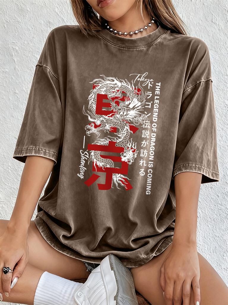 Tokyo Legend Of Dragon Cotton Washed TShirts Womens Summer Casual Oversized T Shirts Comfortable Distressed ONeck Streetwear