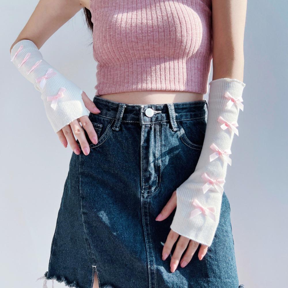 

Эластичные вязаные перчатки с бантом, митенки с бантом, гетры на руки, накидки на руки Y2K, теплые рукава, Лолита белый