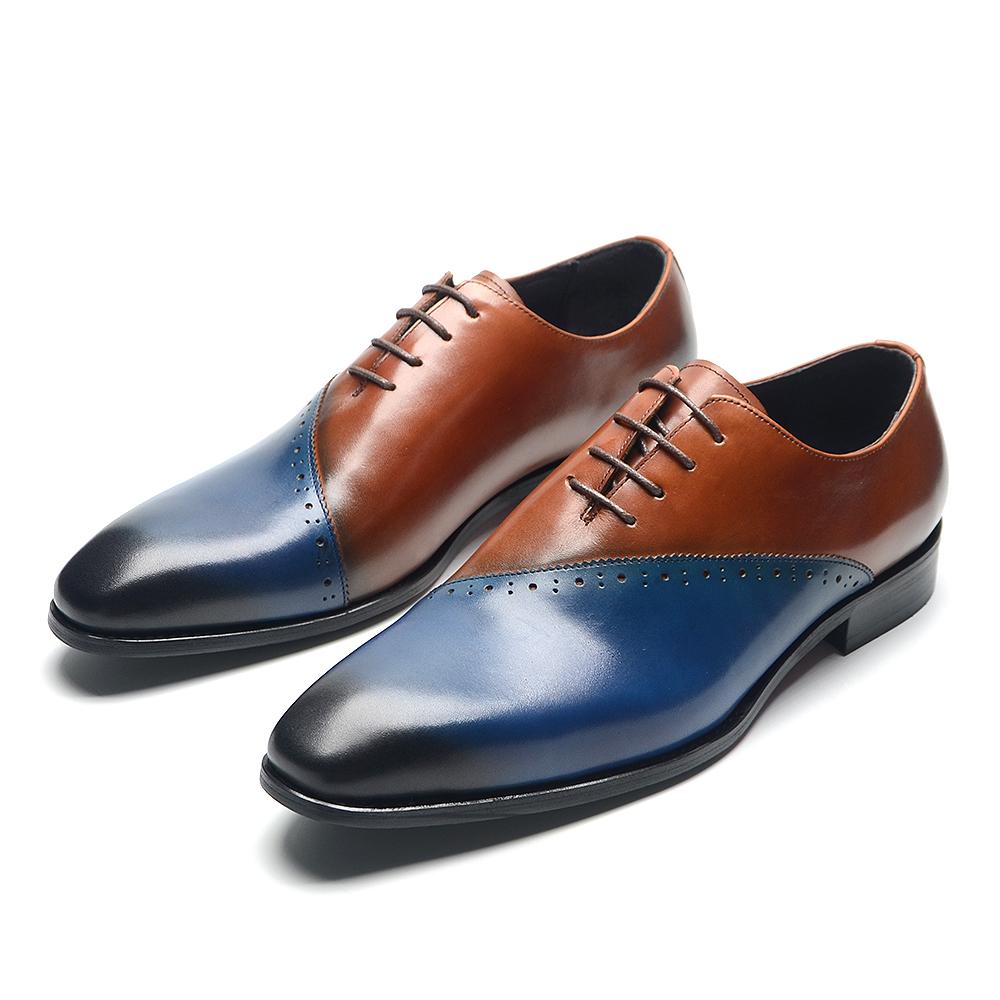 Hochwertige Herren-Hochzeitsschuhe Echtes Leder Spitzschuh Schnürschuhe Braun Blau Party Dinner Oxfords Formelle Schuhe für Herren