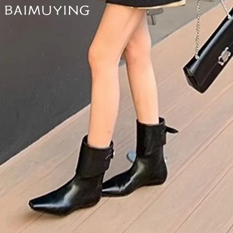 Flats Women Ankle Boots Square Toe Fashion Sexy Leather New Shoes 2025 Trend Designer Classic Buckle Goth Winter Botas De Mujer