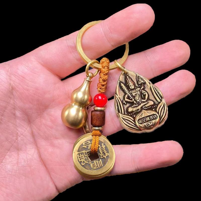 Pure Brass Guardian Buddha & Five Emperors Coin Keychain with Small Gourd Pendant No sand
