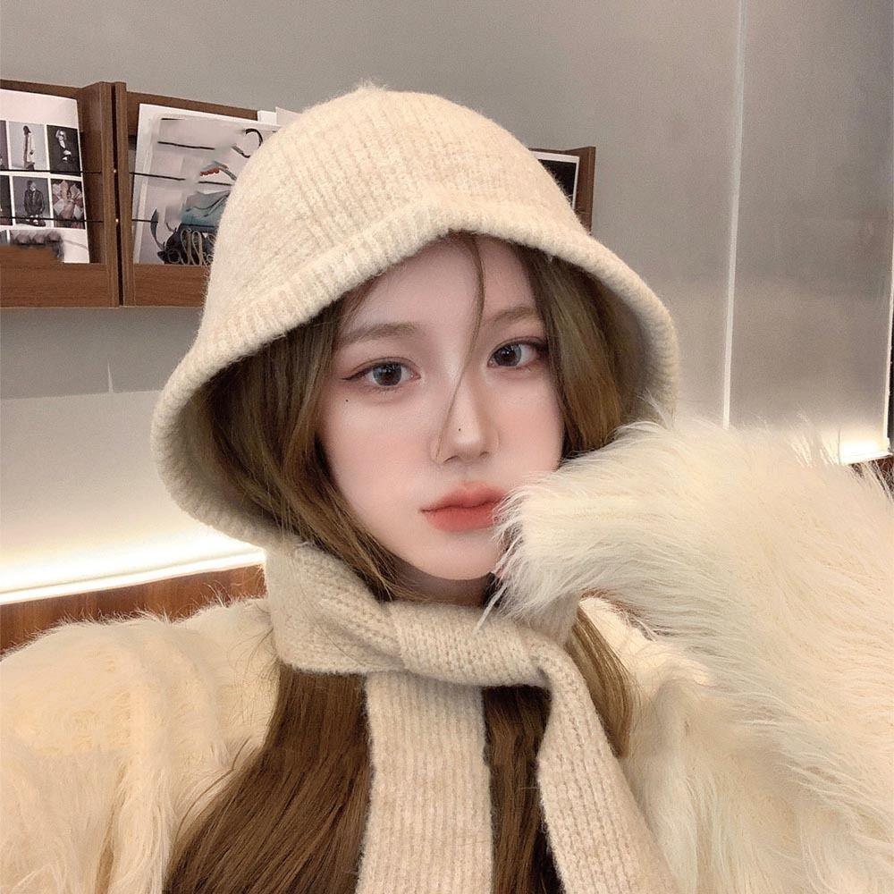 Korean Style Coldproof Hooded Caps Soft Knitted Beanies Hats Autumn Scarf Hat Female