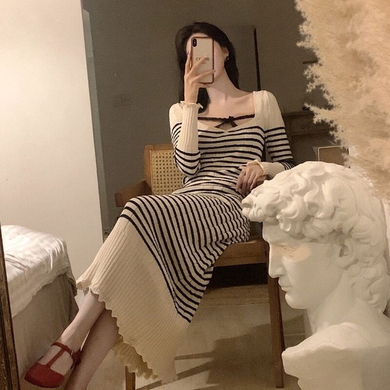 

Early autumn, early autumn, high-end waist long knitted dress, women s autumn clothing, new women s clothing XL абрикосовый