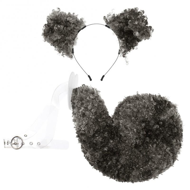 Halloween Curly Dog Costume Set Plush Faux Fur Ears Tail Headband Cosplay Props Party