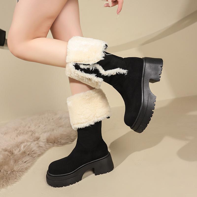 Fashion Design Thick Sole Height Increase Long Boots Women Suede Mid Calf Knight Boots Chunky Heel Warm Western Boots Casual Women Shoes
