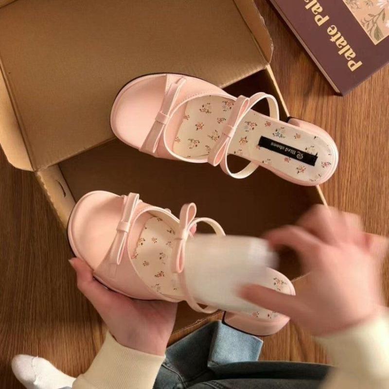 One word with sandals women's summer new thick heel with skirt bow wear high heel cool slippers