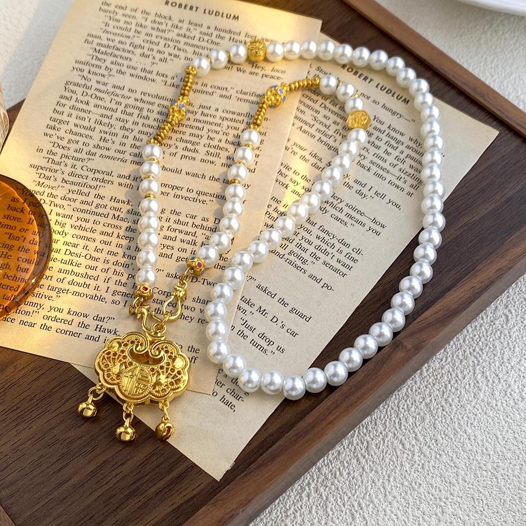 Chinese Style Ruyi Lock Tassel Pearl Necklace for Women - Long Pendant Qipao Accessory