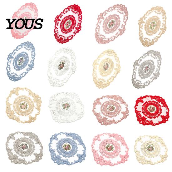 Soft Macaron Color Tableware Retro Oval Lace Doily, Embroidered Rose Placemat, Elegant Floral Table Washable Linens Mat, Decorative Doilies for Dining