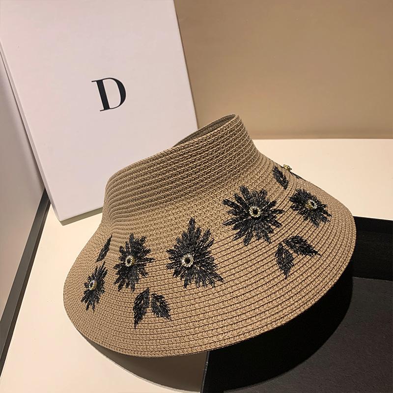 Fashionable Straw Visor Hat With Rhinestone Embroidery Foldable Sun Protection Beach Cap Versatile Shopping Summer Hat