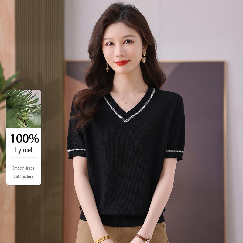 SNOWFLYING Women s V-Neck Short Sleeve Color-Block Knit Top M