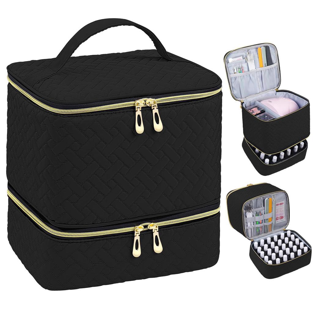 Portable Handheld Double-Layer Large-Capacity Nail Polish Storage Makeup Bag with Elevated Double Zipper