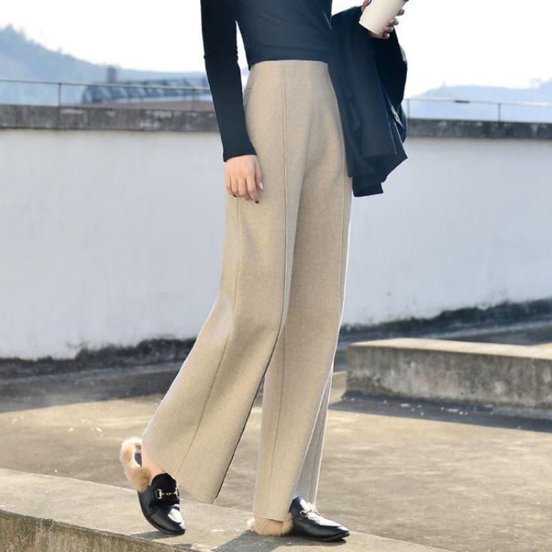 Elegant Woolen Wide-leg Pants for Women in Autumn and Winter, High-waisted Women's Pants, Casual Pants, Straight-leg Loose and Drape Long Pants