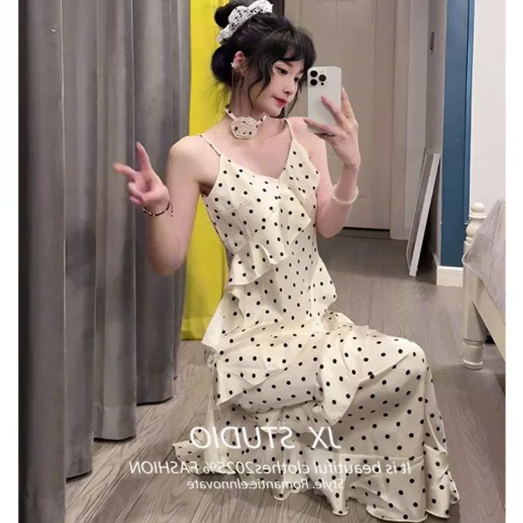 New French sexy temperament ruffle leaf edge splicing polka dot suspender dress women's summer pure desire spice girl long dress tide