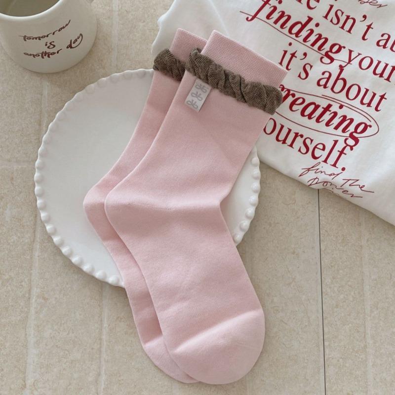 Sweet Style Fabric Label Small Floral Print Socks for Women, Versatile Mid-calf Socks, Pinkish-brown Series Pile Long Socks