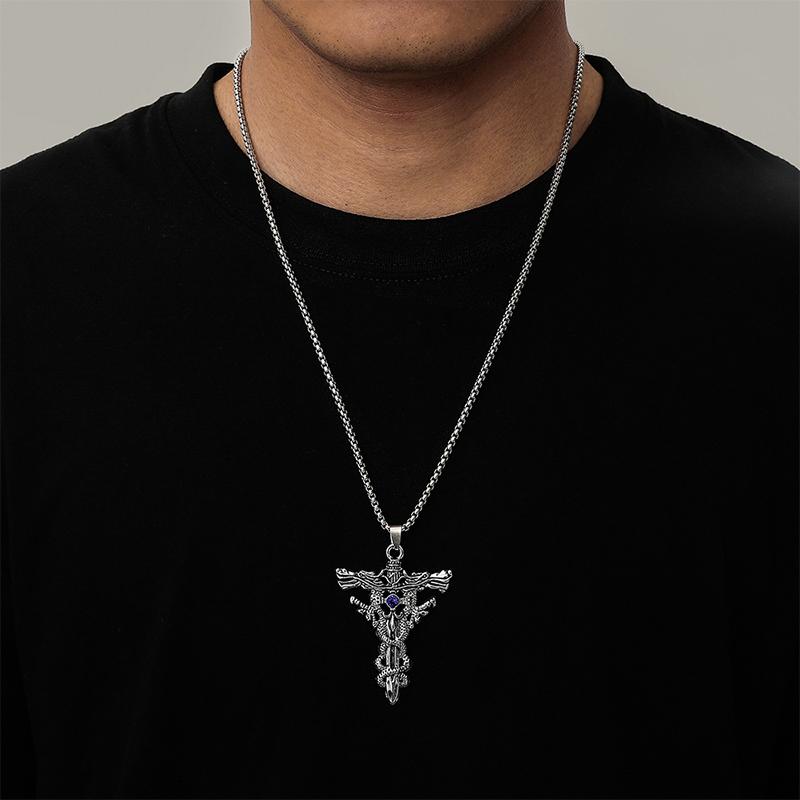 Punk Titanium Steel Necklace For Men Alloy Double Dragon Sword Pendant Choker Vintage Evil Eye Cross Jewelry Gift