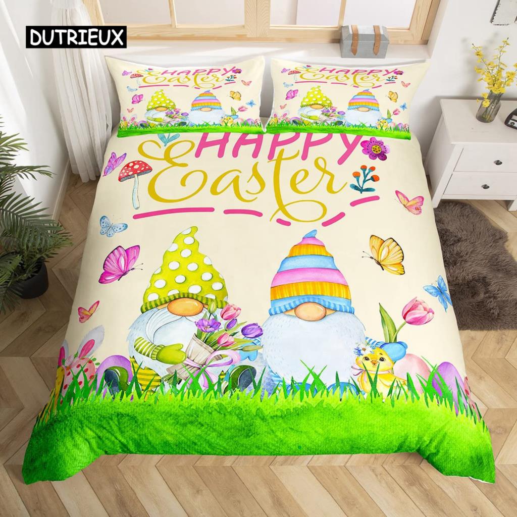 Easter Rabbit Tail Comforter Cover Pastel Pink Tulip Flowers Duvet Cover Twin Easter Eggs Kawaii Animal Bedding Set Easter Decor
