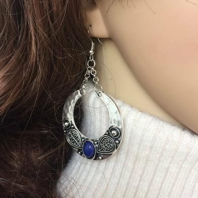 Pendientes retro bohemios de color plateado y turquesa para mujer, joyería con forma de gota grabada con círculo grande