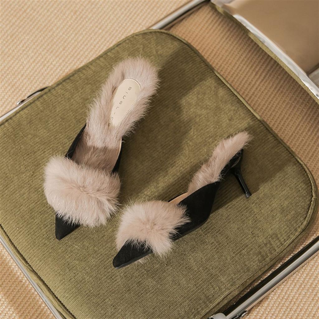Baotou High Heels Fairy Fluffy Slippers Female Stiletto Mid-heel Half-drag Outer Wear Versatile Internet Celebrity Autumn and Winter Warm Sandals
