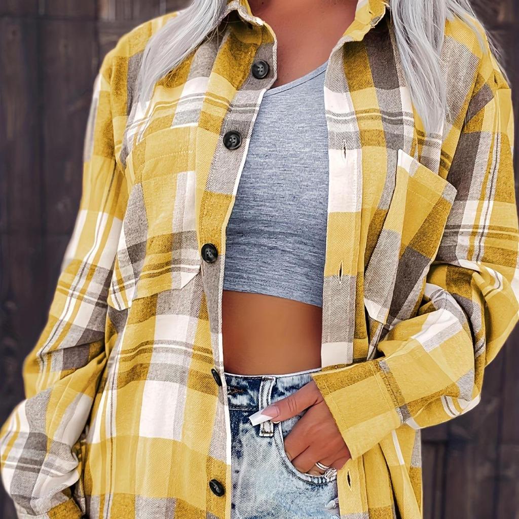 Flattering Plaid Print Womens Shirt - Fashionable Button-Down Design with Warm Long Sleeves - Classic Casual Style for Everyday Wear