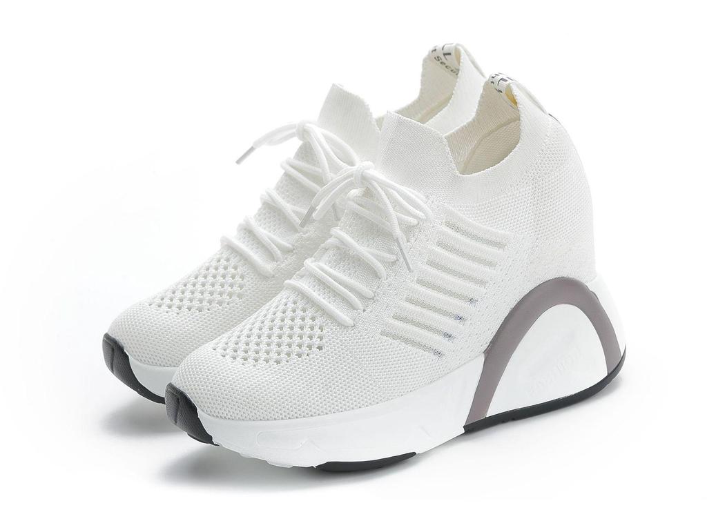 "2024 Autumn Women's White Height-Enhancing Sports Shoes - Korean Style, Breathable, Versatile, and Casual with High Heels"