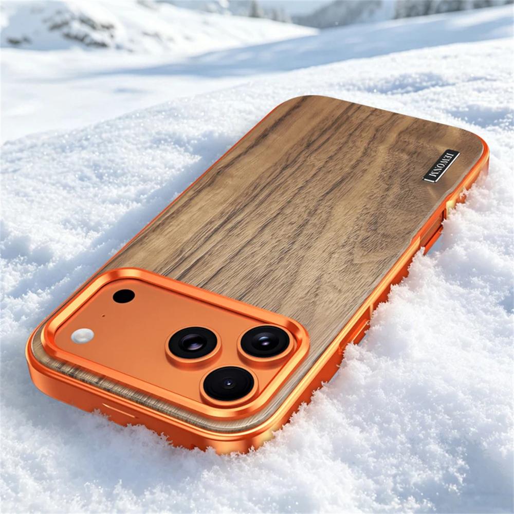 Luxury For iPhone 17 16 15 Pro Max Alloy Solid Wood Back Panel Hybrid Phone Case For Magsafe Wireless Charging Aluminum Alloy Cover