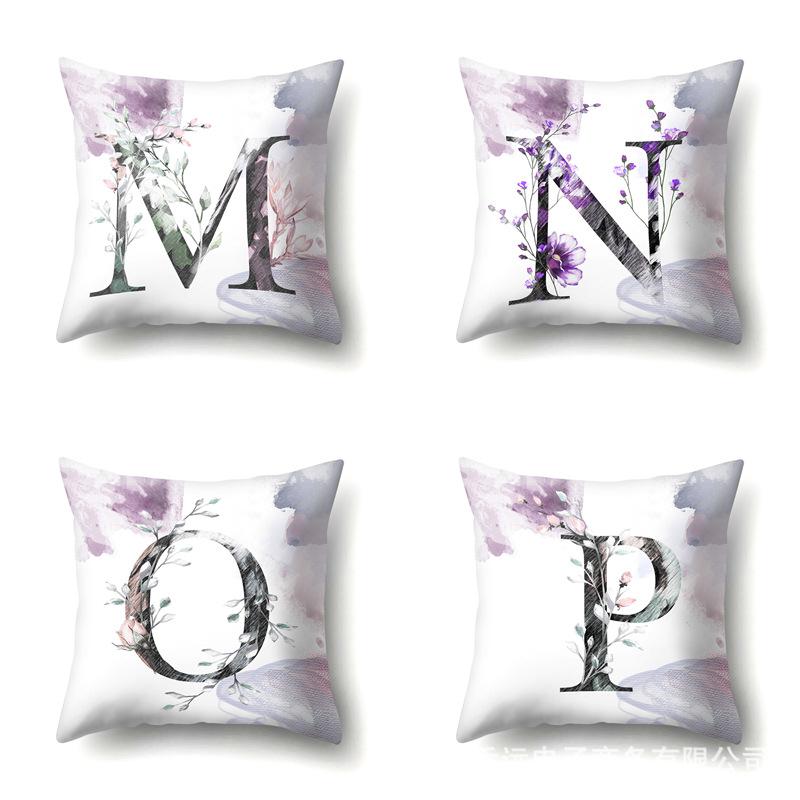 Polyester Pillowcase Home Watercolor Flower Print Pillowcase 26 English Letters Bedside Cushion Cover