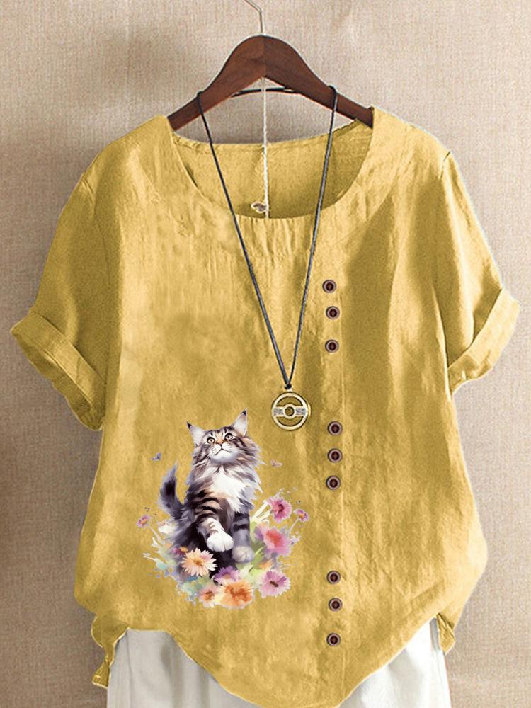 Women's Fashion Floral Cat Print Round Neck Short Sleeve T-shirt Casual Cotton Linen Graphic Shirt Leisure Loose Summer Blouse Tops