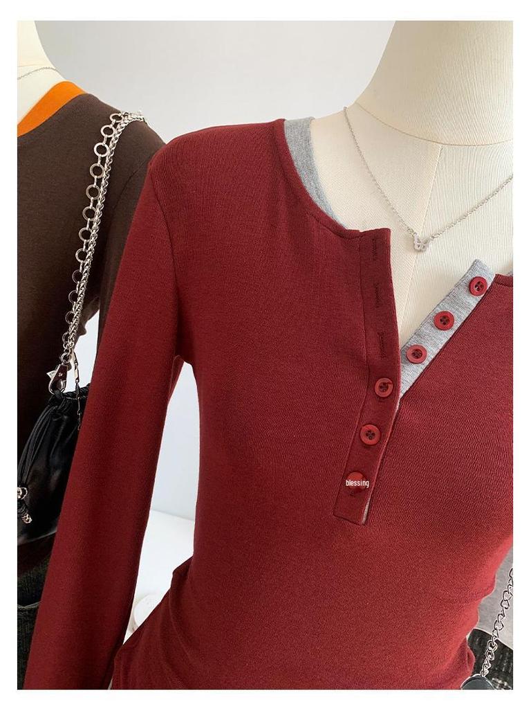 Stylish Contrast Color Faux Two-Piece Long-Sleeve Top for Women