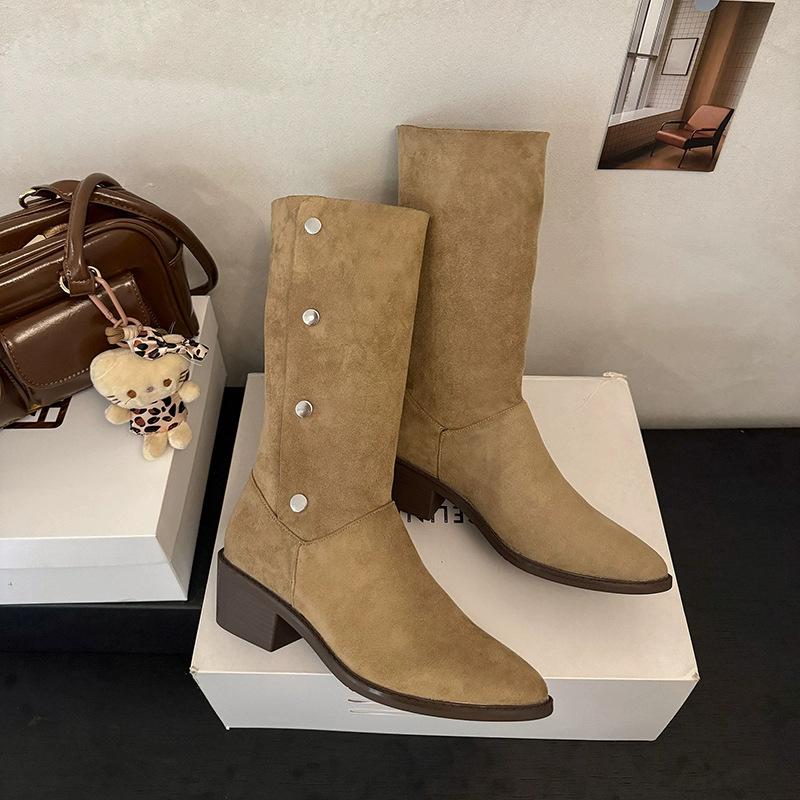 Cowhide version short boots women's folded western short boots women's autumn and winter pointed thick heel thin fashion boots