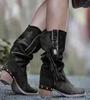 Böhmische Mid-Calf-Stiefel Damen Neu 2026 Winter Ethnische Nieten Quaste Stiefel Frau Kunstwildleder Spitze Dicke Ferse Schuh Stiefelletten Damen
