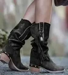 Böhmische Mid-Calf-Stiefel Damen Neu 2026 Winter Ethnische Nieten Quaste Stiefel Frau Kunstwildleder Spitze Dicke Ferse Schuh Stiefelletten Damen