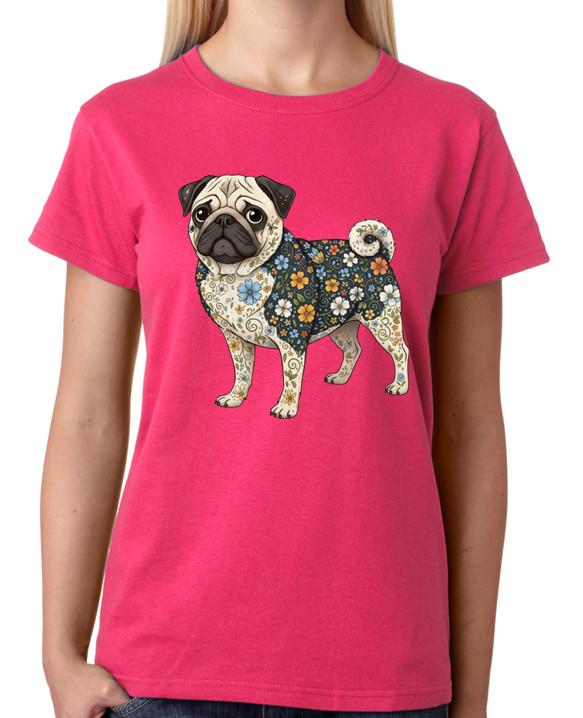 Floral Pug Dog Illustration Ladies T-Shirt Cute Animal Art Tee 2XL