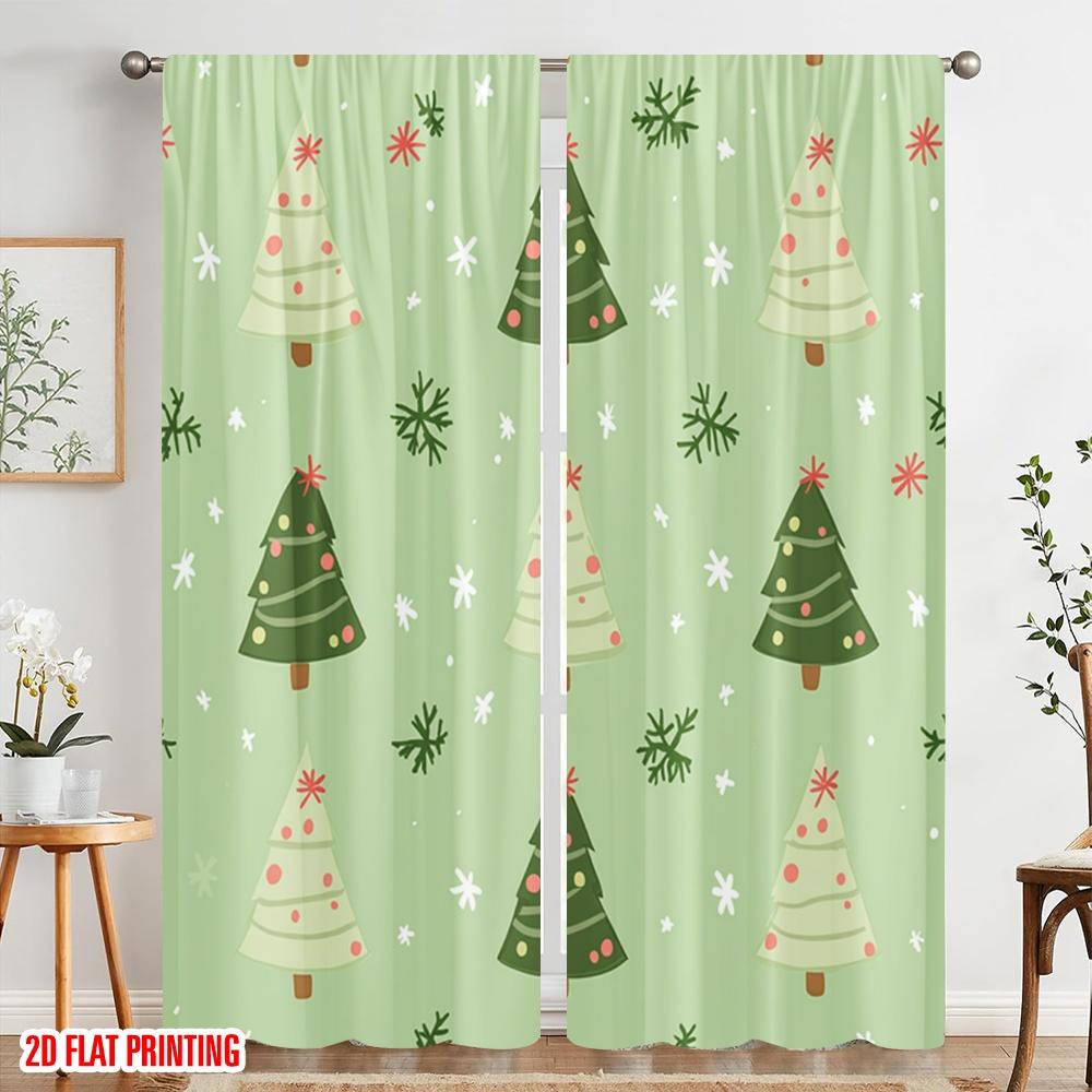 2 szt., Drukowane na płasko 2D Zasłony ze wzorem Choinka Płatki śniegu Trwała tkanina 100% poliester (bez pręta) Dekoracje do domu dla