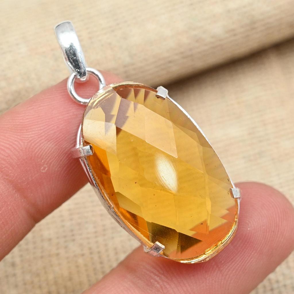 Faceted Honey Topaz Gemstone 925 Sterling Silver Handmade Antique Jewelry Pendant