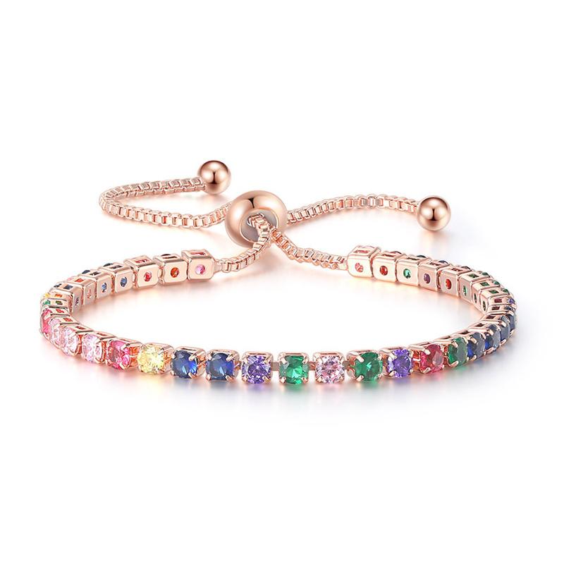 

Multicolor Crystal 3mm Round Stone Rainbow Zircon Bracelets for Women Rose Gold Silver Color Chain Bracelet Wedding Jewelry Gift