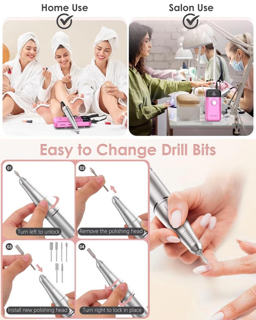 Portable Nail Drill Professional: 45000 RPM Rechargeable Electric Nail Drills Machine with 6 Bits, Drill Para Uñas Profesional E