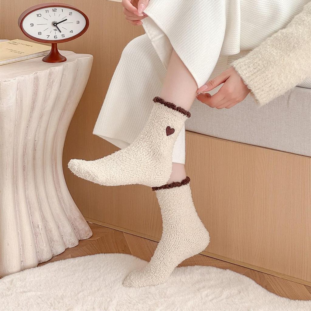 Women's Embroidered Heart Coral Fleece Sleep Socks – Non-Shedding Floor Socks