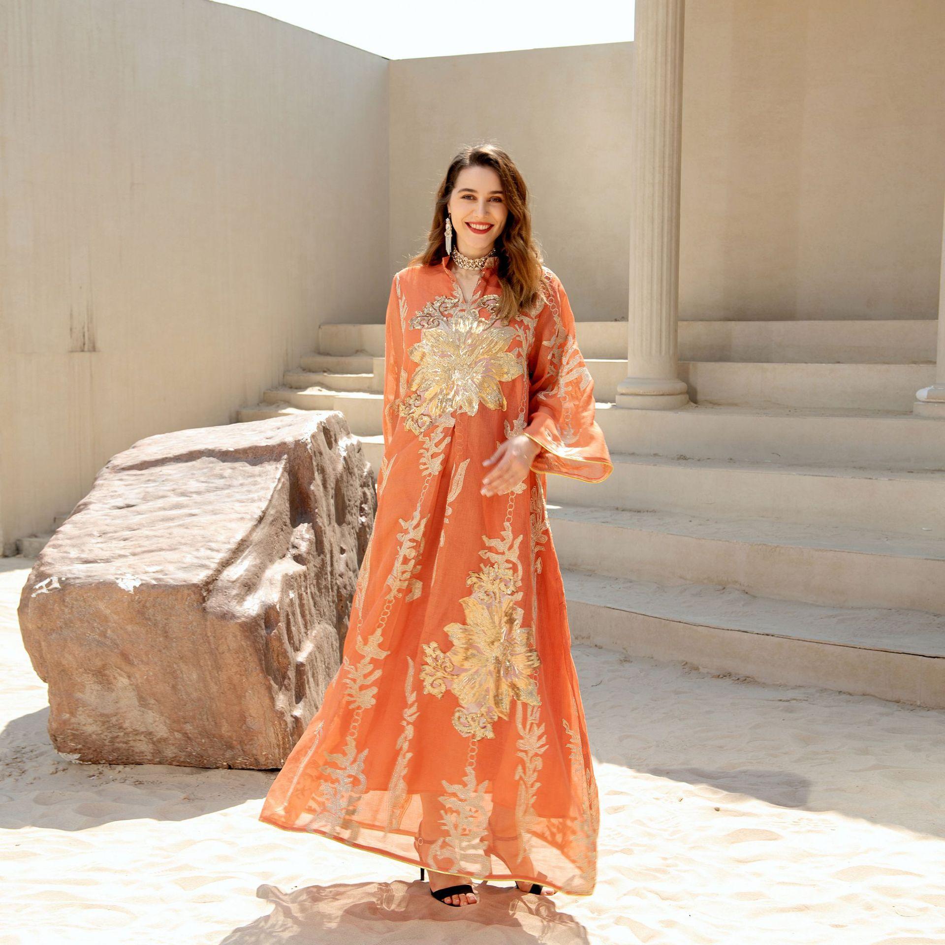 

Мусульманская одежда Золотая пайетка Вышитая пряжа Мусульманская женская Джалабия Дубай Арабский Ид XXL оранжевый