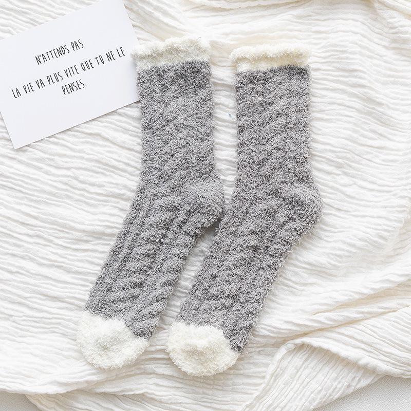 Women's Coral Fleece Mid-Calf Wool Socks for Autumn & Winter - Cozy Cable Knit, Home and Sleep Socks