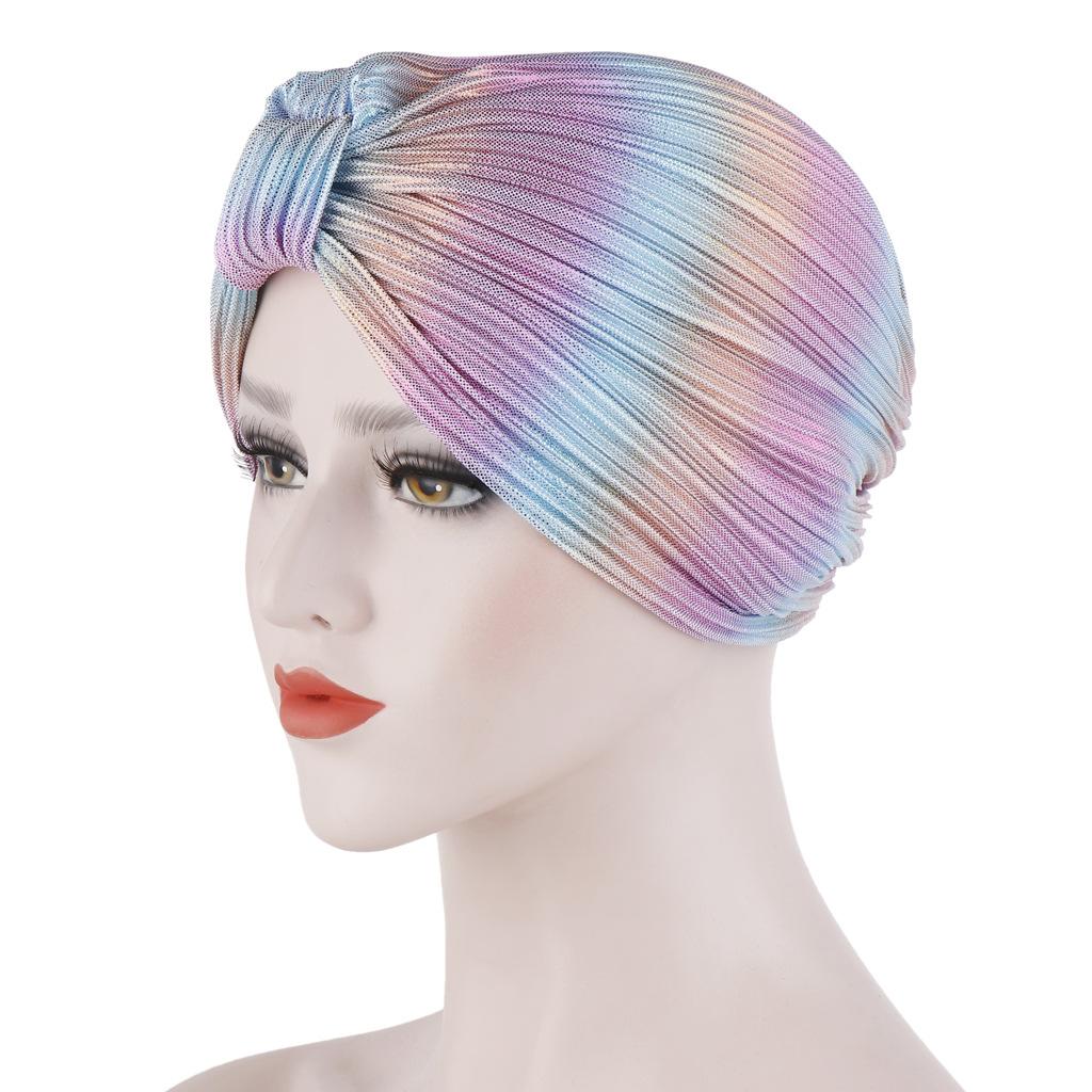 Chemo Cancer Hat Cap Pleated Turban Women Stretch Knotted Shiny Muslim Headscarf