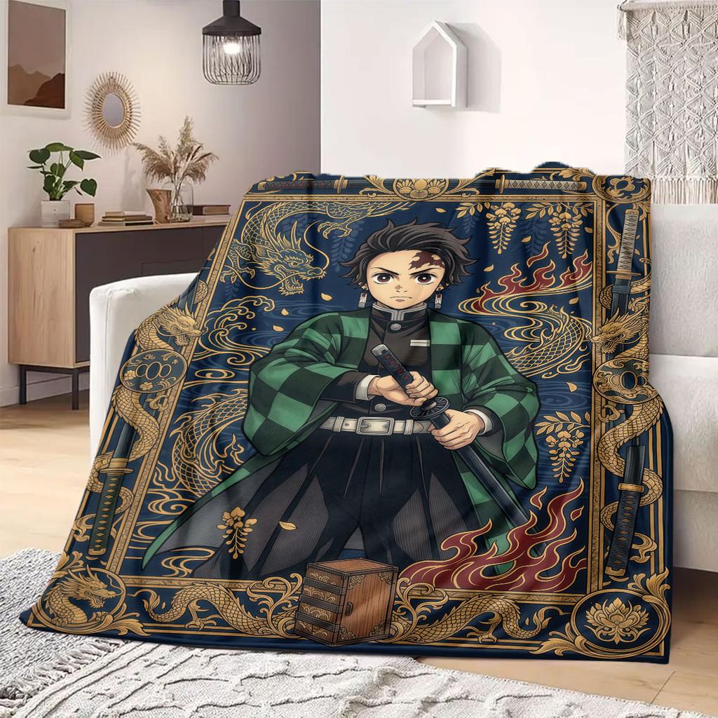 Demon Slayer Superb Cartoon Flannel Blanket, Printed Style for Bedroom, Warm and Soft Bedding, Travel Picnic Use_LIAN