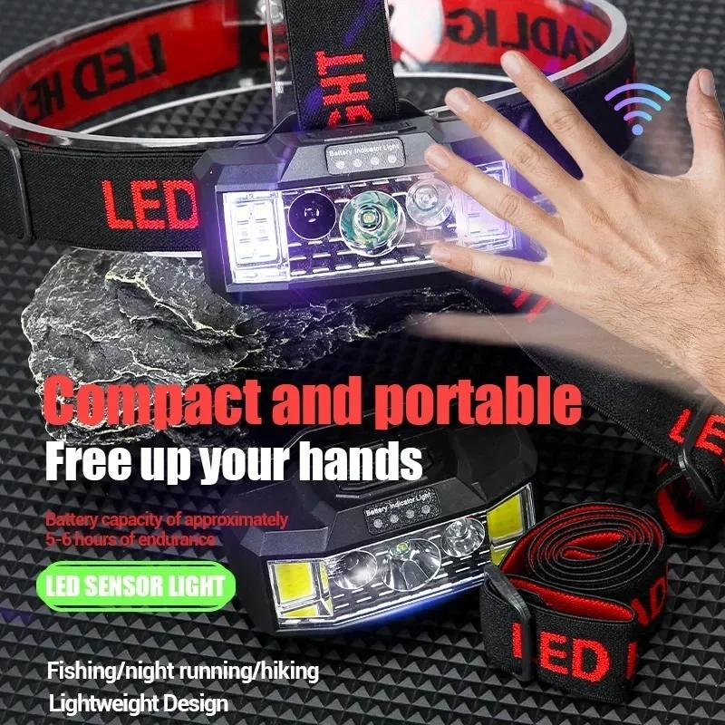 Sensor LED Headlamp Portable Red COB Camping Fishing Headlight USB Rechargeable Hat Helmet Head Flashlight Outdoor 18650 Lantern